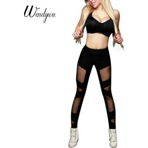 Wendywu Hot Selling Women Sexy Black Mesh Patchwork Mid Waist Stretch Bodycon Long Leggings