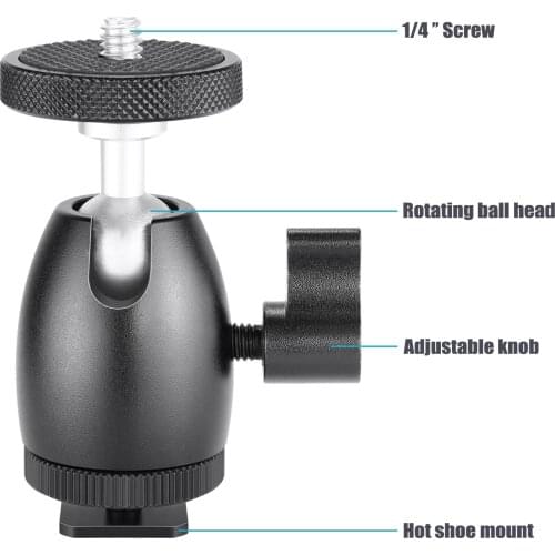 Mini Ball Head 1/4 inch Screw with Lock and Hot Shoe Mount Adapter Compatible with LED Light,Ring Light,Load Up to 4.4 pounds