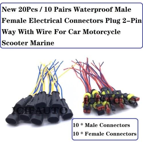 New 20 Pcs / 10 Pairs Waterproof Male Female Electrical Connectors Plug 2-Pin Way With Wire For Car Motorcycle Scooter Marine