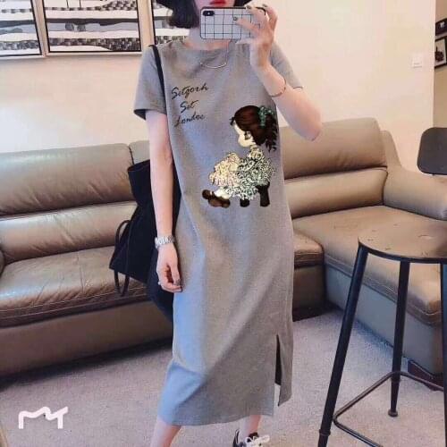 Korean Large Size Slim Dresses For Plump Girl Loose Mid-Length Summer Short Sleeve Dress For Student Young Robe Plus Size Casual