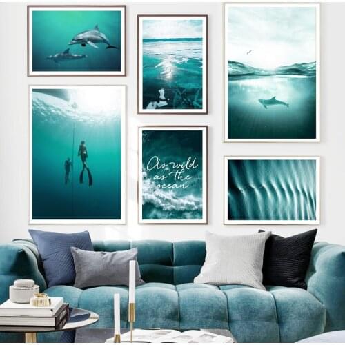 Blue Ocean Landscape Dolphin Whale Diving Wall Art Canvas Painting Nordic Posters And Prints Wall Pictures For Living Room Decor