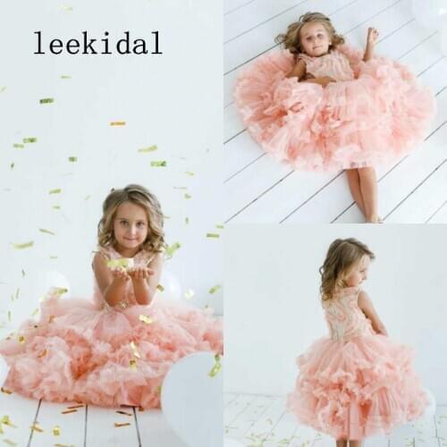 Pink Girls Pageant Dresses Ball Gown Plush Pink Tiered Flower Girl Dresses Custom Made Sequins Tutu Birthday Princess Gowns