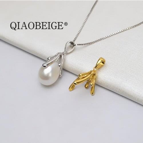 QIAOBEIGE silver accessory freshwater baroque rice pearl pendant necklace sterling silver charms pearl mounting pendant