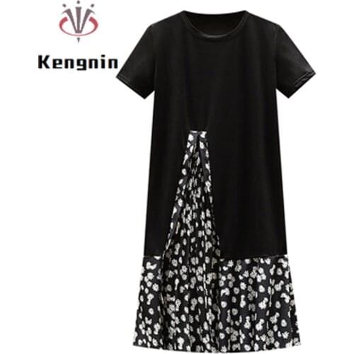 Plus Size 4XL Summer 2021 Women Dresses Loose Short Sleeve Ladies Dress Print Floral Patchwork Midi Dress Female Clothes KE1173