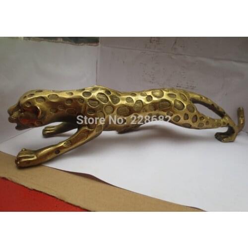 CHRISTMAS DECORATIONS FOR HOME+ LONG 12 INCH CHINESE BRASS HAND-CARVED GOLDEN JAGUAR ANIMALS SCULPTURE