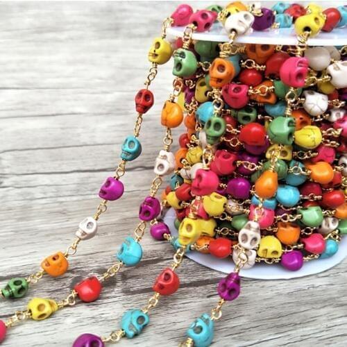 Handcrafted Gold color jewelry Finding, stone skull Beaded Chains,DIY necklace hand chain jewelry making LZ53