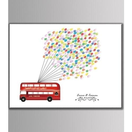 Bride And Groom Wedding Guestbook Fingerprint Sign Custom Red bus balloons names and date Print Fingerprints wedding decoration