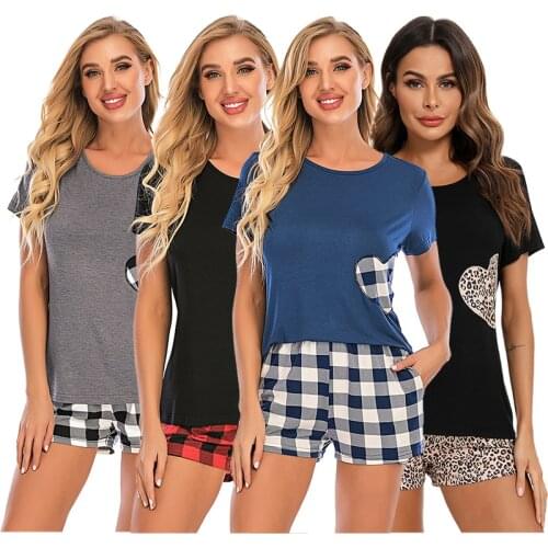 Women Pajama Suits Womens Casual Cat Shorts Short Sleeve Ruffled T-Shirt Sleepwear Nightwear Set Woman Clothes Pajama Set 2021