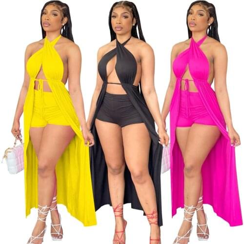 Elegant Cross Halter Lace Up Dress Set Summer Sexy Bandage Sleeveless Long Top + Shorts Slim Two Piece Set Casual Streetwear