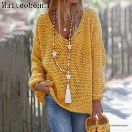 Autumn Casual Solid Color Womens Sweater Loose Contrast Color V-Neck Pullover Drop Shoulder Sleeves Winter Knitted Sweater 2020