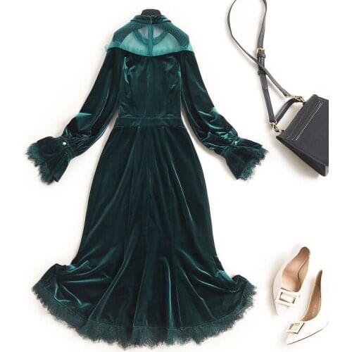 Fashion Velvet Runway Women Full Ruffles Mesh Patchwork Green Flare Sleeve Elegant Slim Party Long Dress