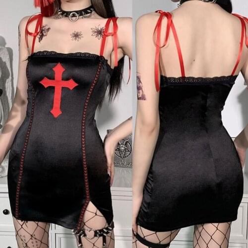 Women Goth Punk Tie Up Strap Sexy Bodycon Black Mini Dress Harajuku Red Cross Patch Embroidery Split Hem High Waist Party