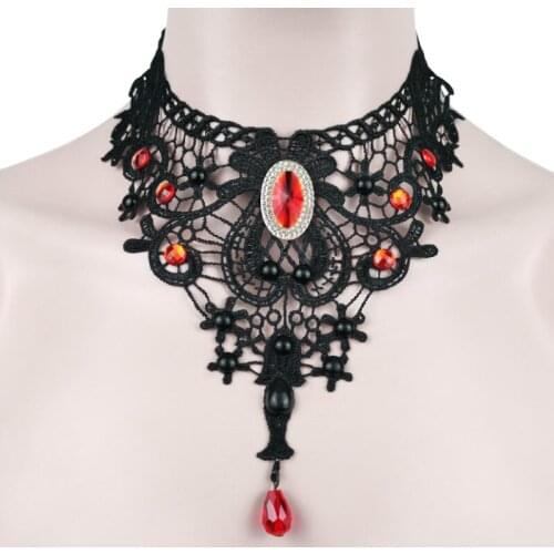Fashion Goth Crystal Pendant Necklace Women Aesthetic Black Lace Choker Collarbone Chain Jewelry Initial Charm Hallowmas Gift