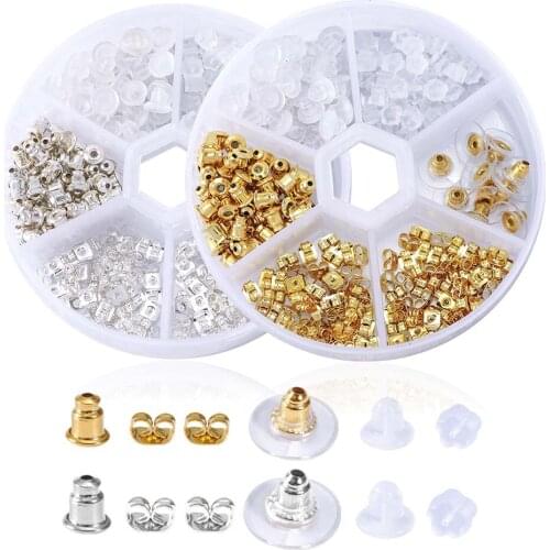 1 Box Stainless Steel Earring Posts Flat Pad Butterfly Earring Stopper Clear Soft Rubber Bullet Earring Backs Jewelry Findings
