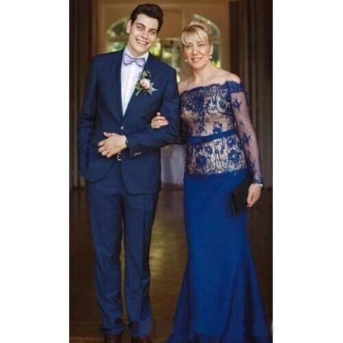 2020 Modern Royal blue Long Sleeve Lace Mother of the Bride Dress Bateau neck off shoulder floor length evening wear Wedding Gue