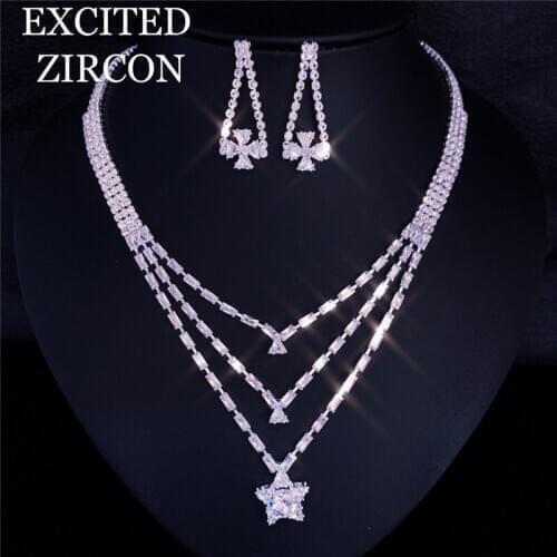 Zircon Crystal Star Water Drop Necklace Earring Set Fashion Wedding Bride Jewelry Accessories Woman Holiday Gift