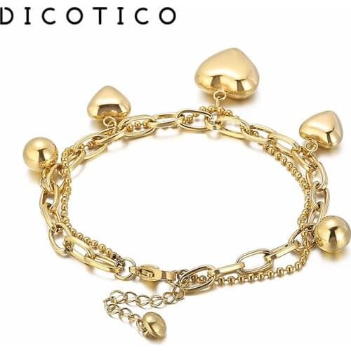 DICOTICO Women Heart Ball Wrist Double Chain Bracelet Stainless Steel Gold Silver Color Bangles For Women Mujer Pulseras Jewelry