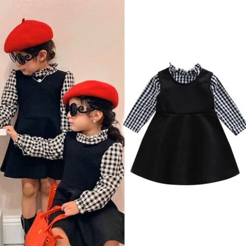 FOCUSNORM Autumn Fashion Girls 2pcs Dress Clothes 1-5Y Ruffles Collar Plaid Printed Long Sleeve T Shirts+Solid Sundress