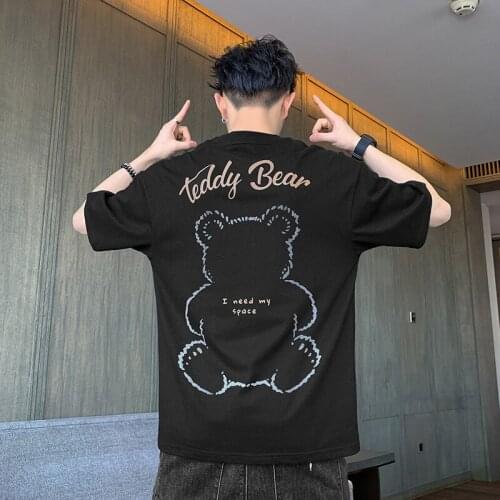 Cartoon cartoon man teddy bear short sleeve T-shirt round collar popular logo print loose half sleeve