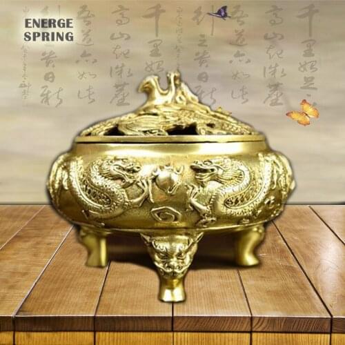 Pure Copper Incense Burner Brass Casting Aroma Diffuser Antique Double Dragon 4hours Coil Incense Burner Home Decorations