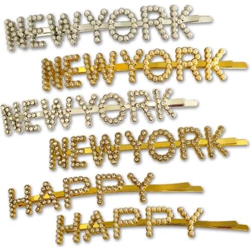 HC037 Popular Hot Rhinestone Letter Hair Pins NEWYORK HAPPY Word Crystal Pearl Bobby Pins Custom Metal Barrette Hair Jewelry