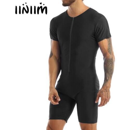 Iiniim Mens Sexy Clubwear Teddies One-piece Front Zipper Catsuit Boxer Shorts Gay Male Tight Jockstraps Pouch Unitard Bodysuit