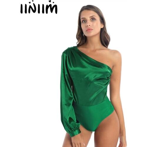 Iiniim Womens One Shoulder Long Sleeve Satin Bodysuit Leotard Blouse Fashion Side Zipper Solid Color Ruched Shirt Tops