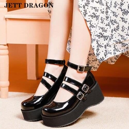 JETT DRAGON Pumps Spring and Autumn New Style Womens Thick Bottom Slope Heel Hasp Single Shoes Womens Sweet High Heels 7cm