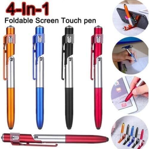 Multi-function 4-in-1 Foldable Ballpoint Pen Stylus (flashlight + Support) For Tablet Cellphone