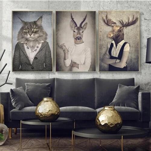 Nordic Vintage Art Animals Human Clothes Canvas Art Posters and Prints Animals Canvas Paintings Wall Art Picture Decor Cuadros