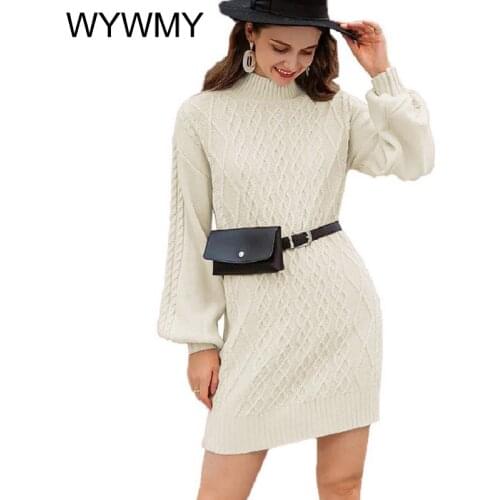 WYWMY 2021 New Casual Half Turtleneck Women Sweater Dress Loose White Female Knitted Dress Autumn Winter Warm Solid Knit Dresses