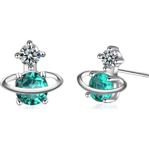 New Arrival 925 Sterling Silver Cute Little Green Planet Star Crystal Ladiesstud Earrings For Women Birthday Gift Drop Shipping