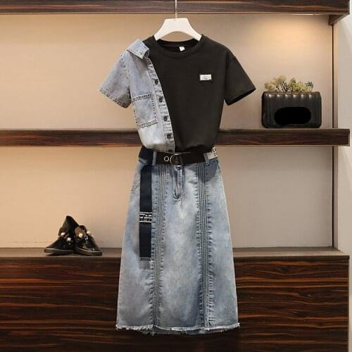 New 2021 Summer 2 Piece Set Korean Women Short Sleeve Denim Patchwork T-shirt Top + Denim Skirt Two Piece Set Plus Size 4XL Suit