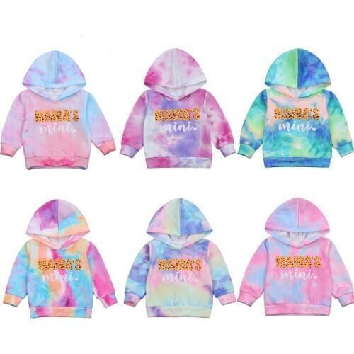 Tie Dye Toddler Baby Girl Boy Hoodies MAMA MINI Letter Print Long Sleeve Hooded Top Autumn Kids Outwear Pullovers 0-5 Years