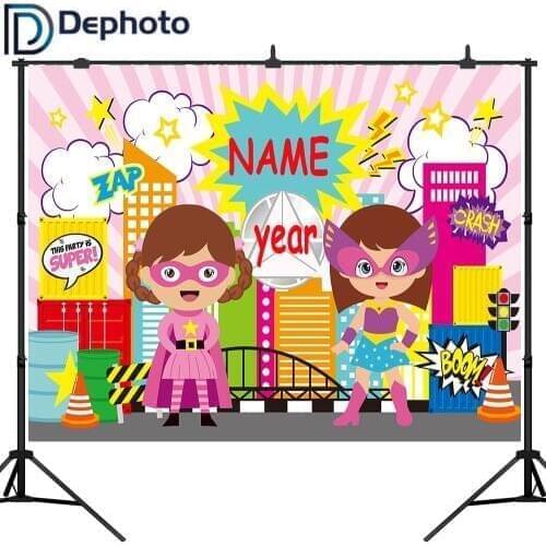DePhoto Super Hero City Party Baby girl birthday Photography Backgrounds Customized Photographic Backdrops For Photo Studio