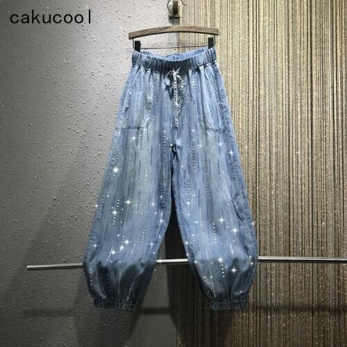 Cakucool Vintage Frayed Jeans Diamonds Beading Sequined Harem Pant Elastic Waist Loose Large Size Chic Jeans Casual Capris Femme
