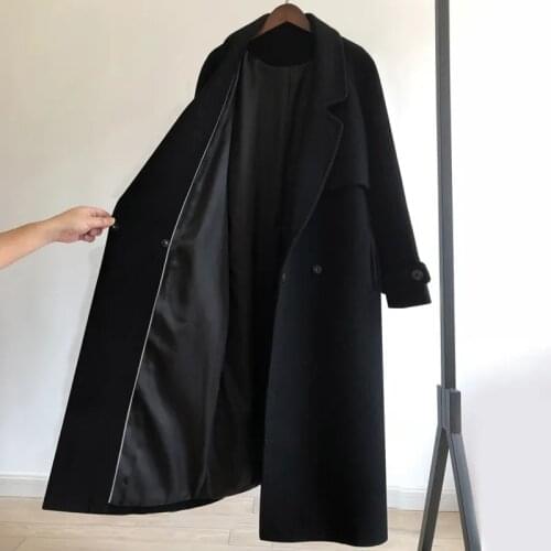 Female Winter Jacket 2021 Womens Thin Black Coat Long Oover-the-Knee Woolen Coat Womens Loose Thin Woolen Coat Hepburn Style74