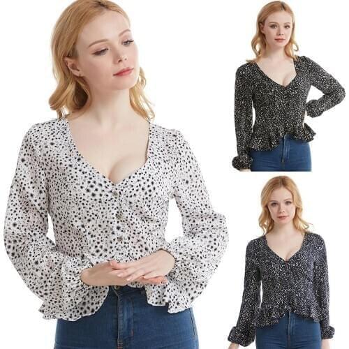 Women Fashion Sexy V Neck Dot Print Ruffle Cardigan Long Sleeve Shirt Blouse