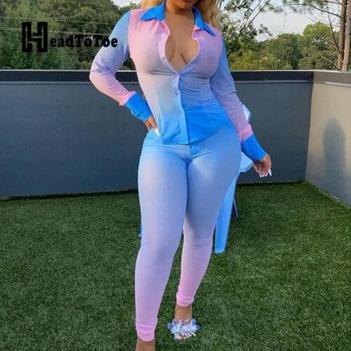 Gradient Print Button Pleated Casual Two Piece Outfits Women Long Sleeve Turn Down Collar Shirt Tops & Skinny Pants Set