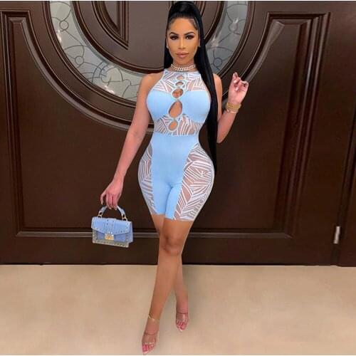 Sheer Mesh Color Block Splice Skinny Jumpsuit for Women Sleeveless See Through Beach Playsuit Summer Hollow Out Bandage Outfit