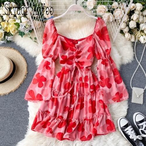 2020 Autumn Fashion Woman Party Dress Flared Sleeves Red Printed Elegant Short Hollow out Cute Dresses A-line Mini Women Dress