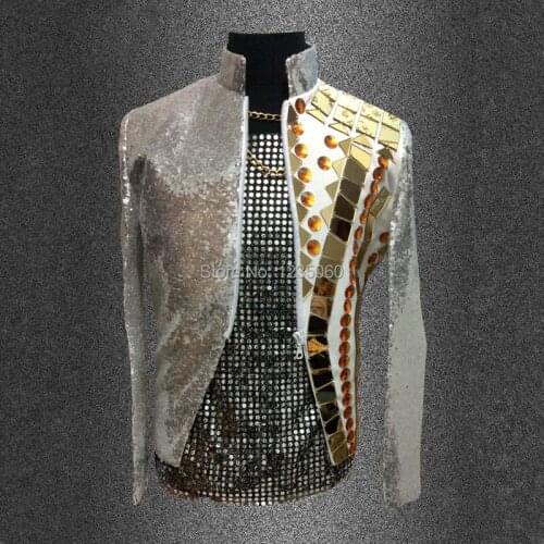 Gold mirror men blazers Shining Sequins jacket outwear male clothes singer dancer performance dress fashion nightclub Bar Outfit