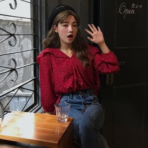 Blouse Women Shirt Womens Clothing Red Loose-Fitting Ruffled Collar Polka Dot Chiffon Blouse Top Blusas Mujer De Moda