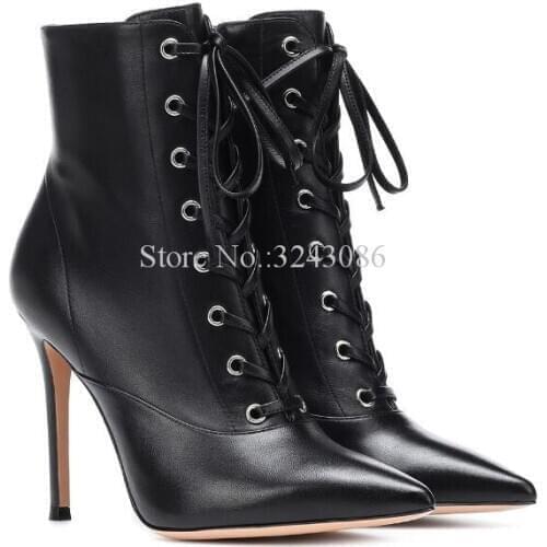 Woman Lace-up Ankle Boots Fashion Black White Leather Stiletto Heel Cross-tied Short Boots Lady Large Size Party Shoes Dropship