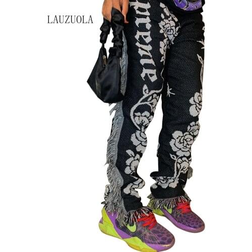 Side Tassel Patchwork Striped Print Joggers Pencil Pants Women Runway Fashion Y2K Goth High Waist Bodycon Sweatpants Harajuku