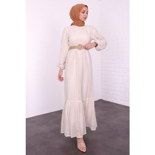 New Season Muslim Women Floor Detail Laser Cut Cream Dress Hijab Dress Abaya Kaftan Hijabs Long Dubai African
