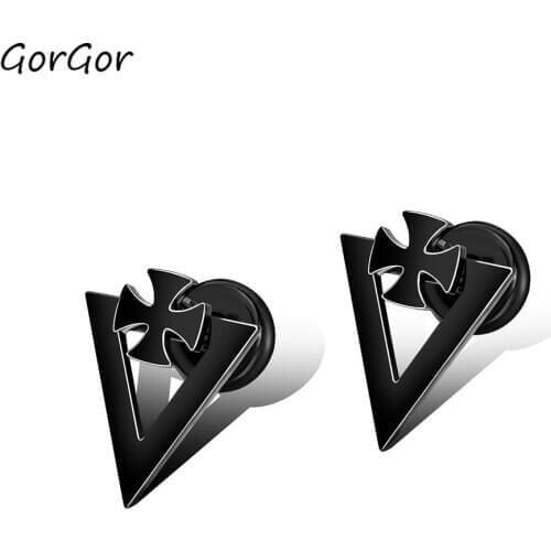 GorGor Clip Earrings Men Stainless Steel Pattern Triangle Cross Black Simplicity Individuality Party Trendy Accessories TE-539