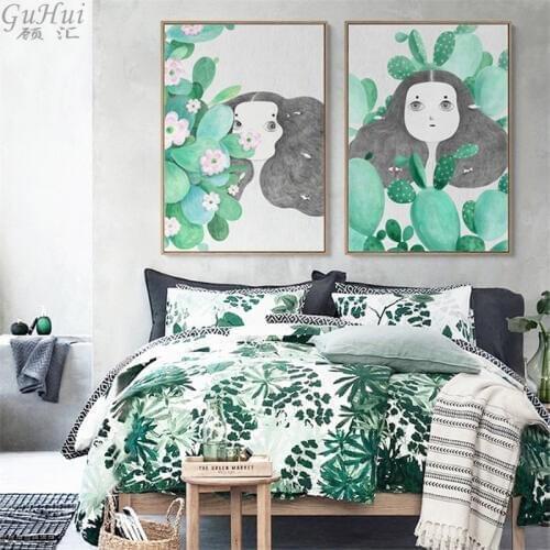 Japanese Style Cactus Girl Canvas Painting Spray Color Cartoon Posters Nordic Fresh Green Plant Wall Pictures Kids Room Decor