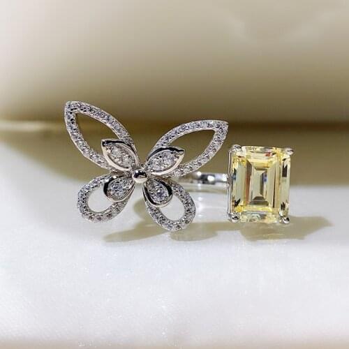 Luxury 100% 925 Sterling Freely Adjustable Opening Emerald Cut Butterfly Citrine Gemstone Rings For Women Fine Fashion Jewelry