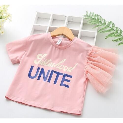 Girl Colorful T-Shirts Kids Letter Lace Sleeves Cotton Clothes T-Shirts Children Baby Tops Girls Summer Cartoon Tees